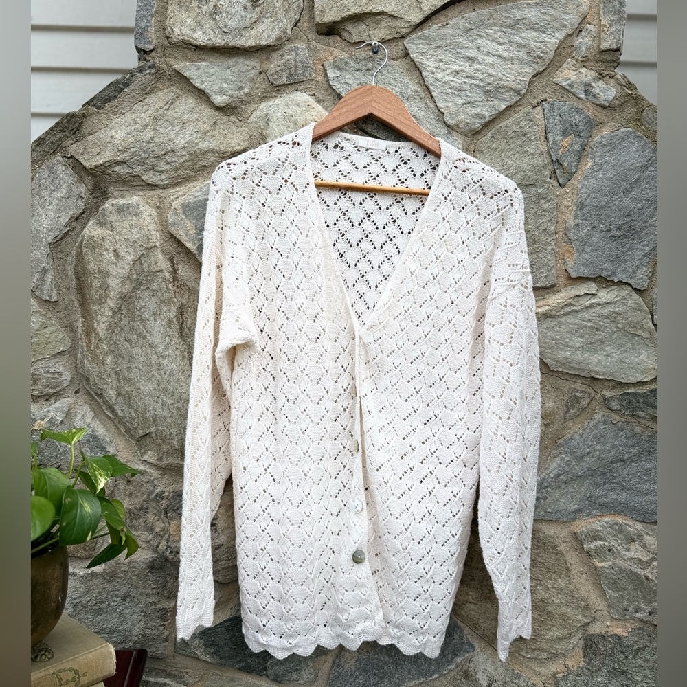 Vintage White Lace Knit V Neck Cardigan Relaxed large